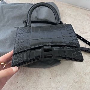 BALENCIAGA TOP HANGLE HOURGLASS XS HANDBAG CROCODILE EMBOSSED LEATHER IN BLACK